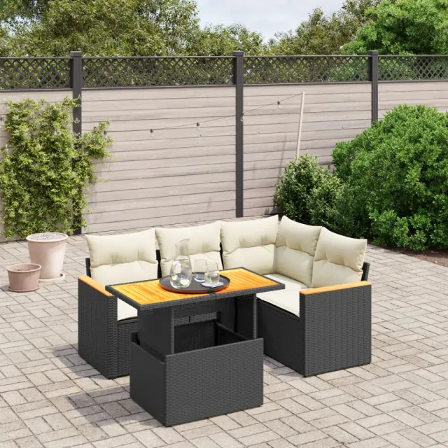 vidaXL 5-delige Loungeset met kussens poly rattan zwart, foto 2