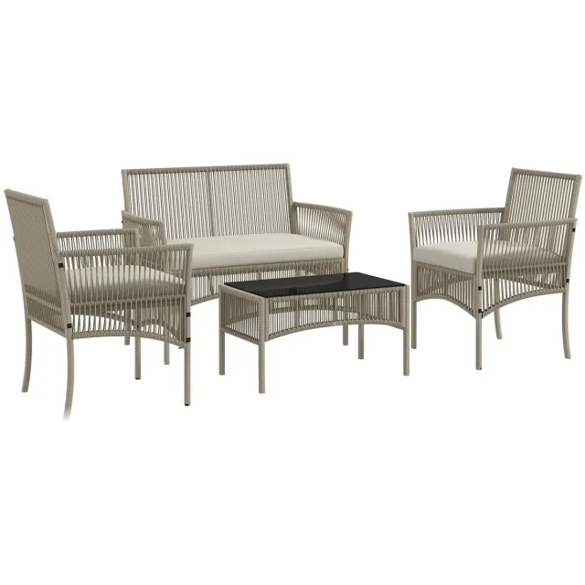 Whoopr® 4‑delige Rotan tuinmeubelset met kussens – Lounge set - Tuinstoelen met tafel en bank Khaki
