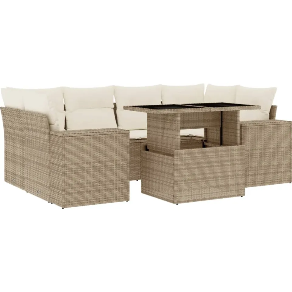 vidaXL 7-delige Loungeset met kussens poly rattan beige, foto 3