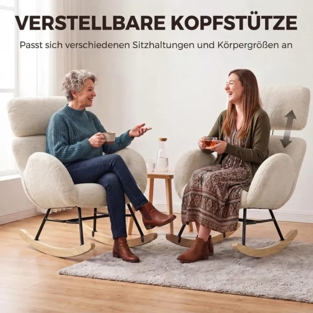 HAUSS SPOLE Schommelstoel - Fauteuil met Verstelbare Hoofdsteun en Armleuningen - voor Woonkamer en Leeshoek - Fluweel en Hout - Crèmewit