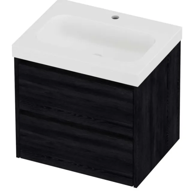 Proline Haga Badmeubelset Polystone Mezza 1 Kraangat Symmetrisch 60x46x58 cm Mat White Black Oak Eiken