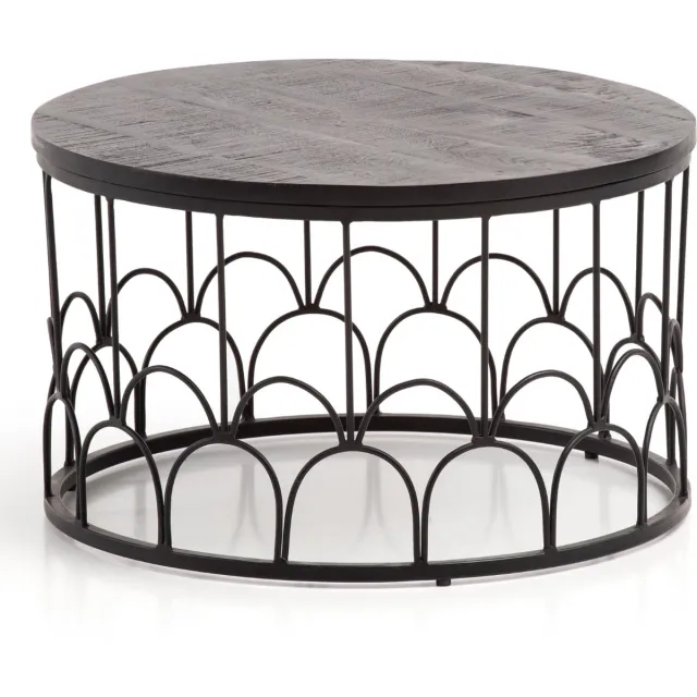 Sky Style Salontafel 60x60x36 cm Mango Massief Hout / Metaal Zwart Salontafel Rond | Design woonkamertafel Industrieel | Stevige salontafel voor in de woonkamer met metalen frame Bruin