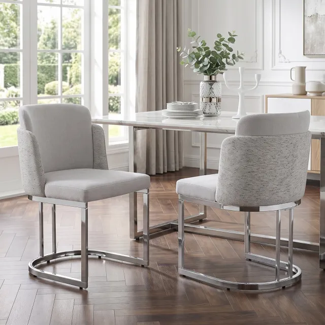 Pugsdrly 2 eetkamerstoelen, comfortabel en ademend, geschikt voor restaurants, woonkamers, cafés en andere locaties, moderne stijl, zilvergegalvaniseerde stoelpoten, chenille-stof, lichtgrijs + zilver,Zonder de tafel Grijs+Zilver