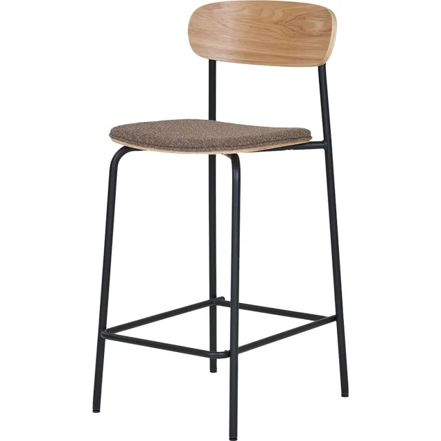 Artichok Justus Barkruk Bruin - Houten Rugleuning - Zwarte Metalen Poten - Stoffen Zitting Bruin - met Voetsteun - Industrieel - Modern - Japandi Stijl