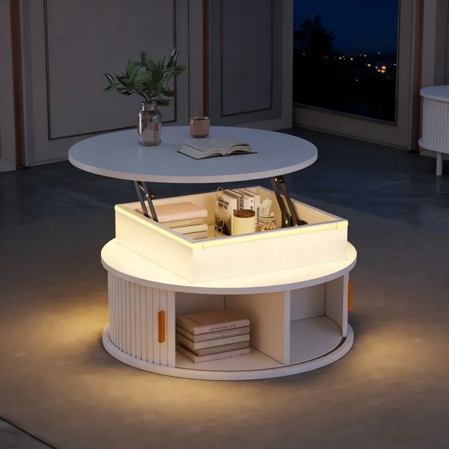 MODENUIT Salontafel - Hoogteverstelbaar Met Led En Opbergruimte - Voor Woonkamer - MDF Wit - 75x75x52 Cm