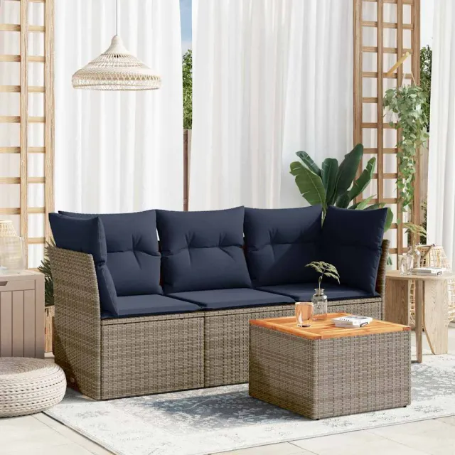 vidaXL 4-delige Loungeset met kussens poly rattan grijs, foto 2
