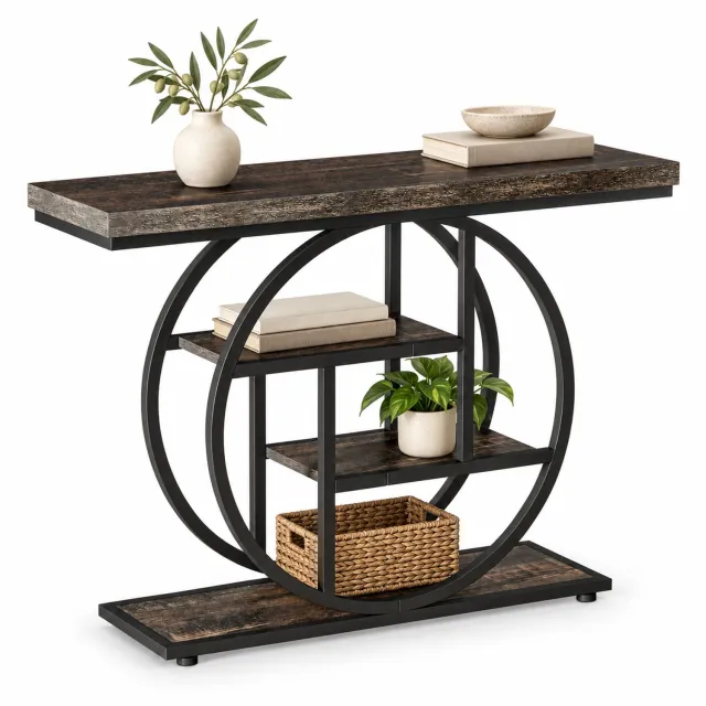 DMG Supply Consoletafel - Rond Metaalframe - 4 Niveaus - 105 x 30 x 80 cm - Rustiek Bruin en Zwart - Houtmateriaal en Metaal