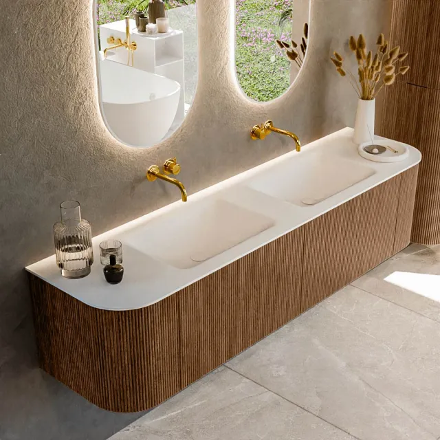 Mondiaz KURVE 180 cm Onderkast Greeploos 2 Lades Met Deuren Walnut, Wastafel Solid Surface Dubbel Talc 0 Kraangaten Zonder Spiegel (KRVCLO180L+R2L2D0KD-Wal/Tal)