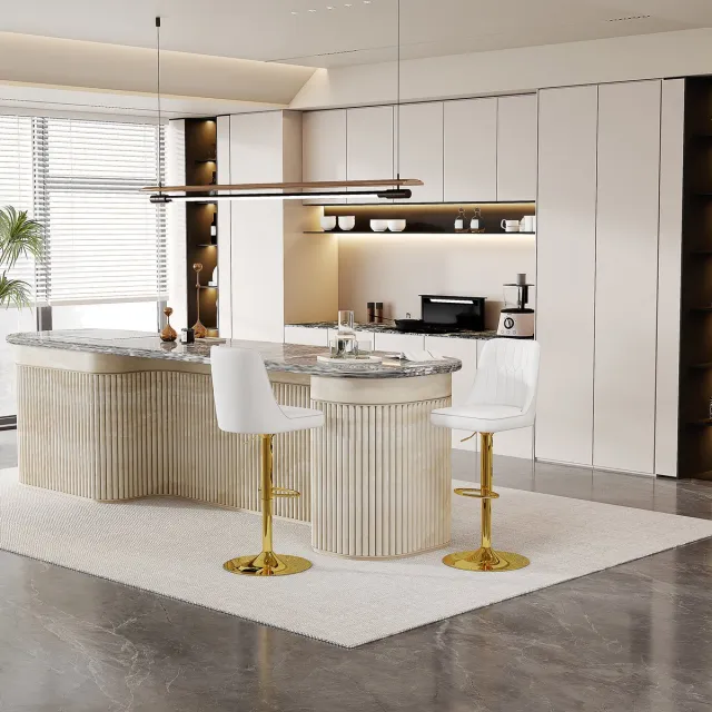 MODENUIT Barkruk 63-85 cm - Verstelbaar En 360 Graden Draaibaar - Voor Keukeneiland - Kunstleer - Wit Goud