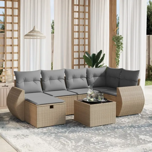 vidaXL 7-delige Loungeset met kussens poly rattan gemengd beige, foto 2