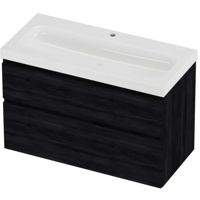 Proline Haga Badmeubelset Polystone Mezza 1 Kraangat Asymmetrisch 100x46x66 cm Glans Wit Black Oak Eiken