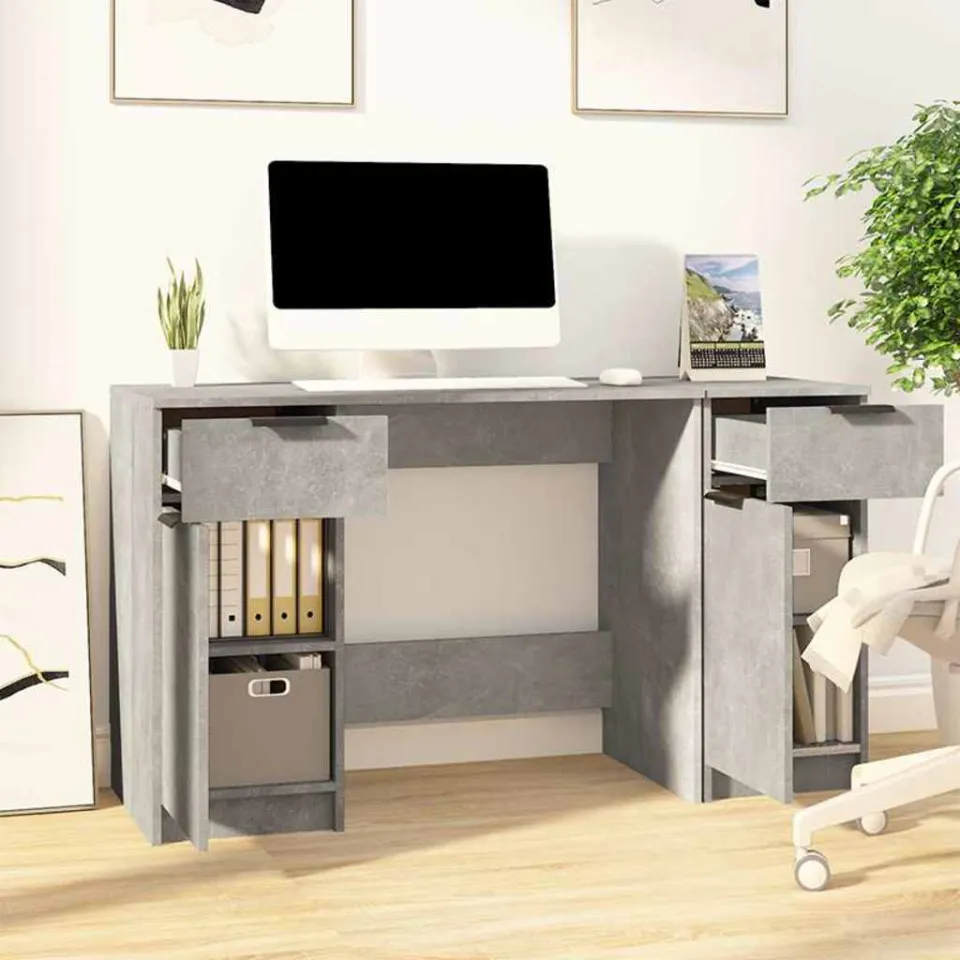 vidaXL Bureau met bijzetkast bewerkt hout betongrijs grijs, foto 3