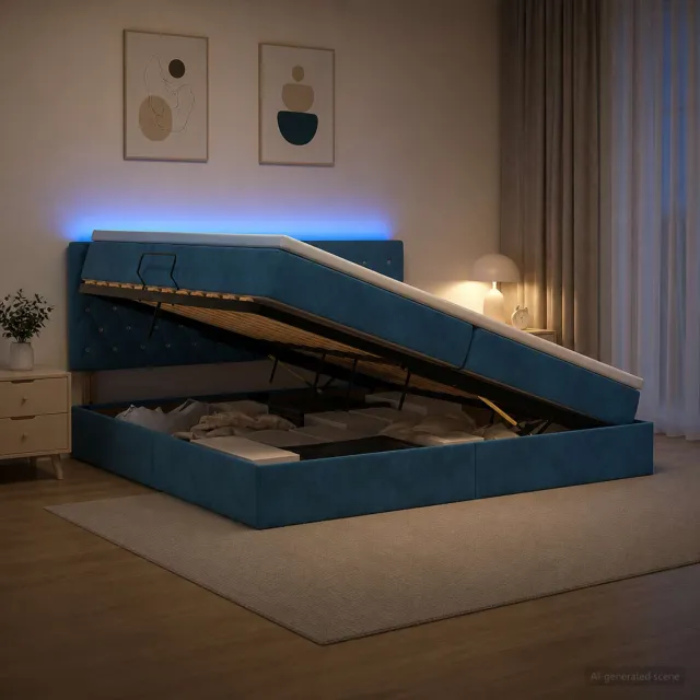 vidaXL LED Opslagbed met Matras Donkerblauw 200 x 200 cm Fluweel
