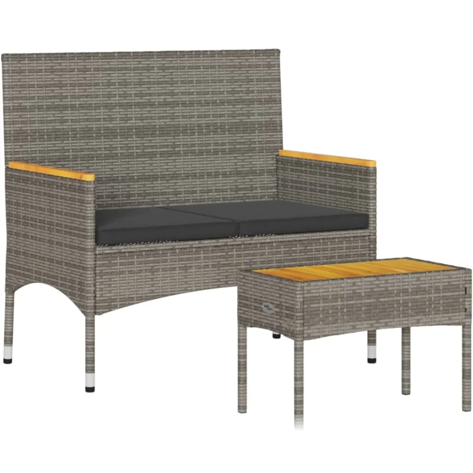 vidaXL Tuinbank 2-zits met kussens en tafel poly rattan grijs, foto 3