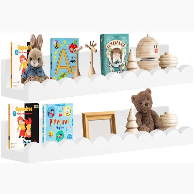 Oemmn Set van 2 houten zwevende planken - 42 cm - Boekenplanken voor de kinderkamer - Planken met geschulpte rand - Kleine boekenkast voor kinderkamers - Wandplank voor woonkamer, slaapkamer wit