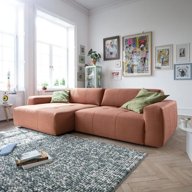 DELIFE Hoekbank Lazaro geweven oranje 300x160 cm voetenbank links met diepteverstelling