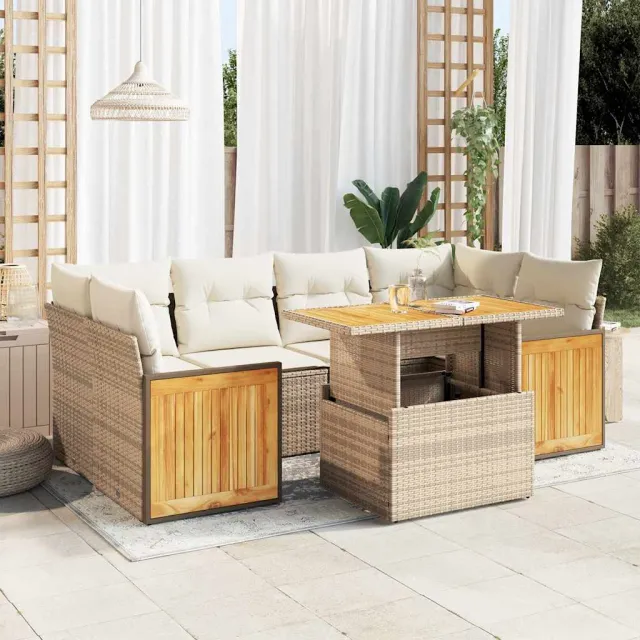 vidaXL 7-delige Loungeset met kussens poly rattan acacia beige, foto 2
