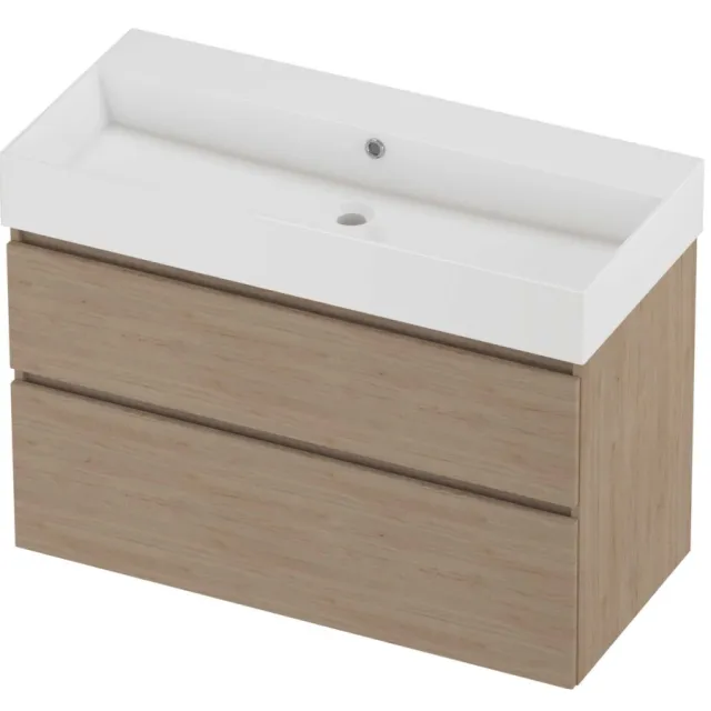 Proline Zara Badmeubelset Porselein Loft Zonder Kraangat 100x46x73 cm Glans Wit Ideal Oak Eiken