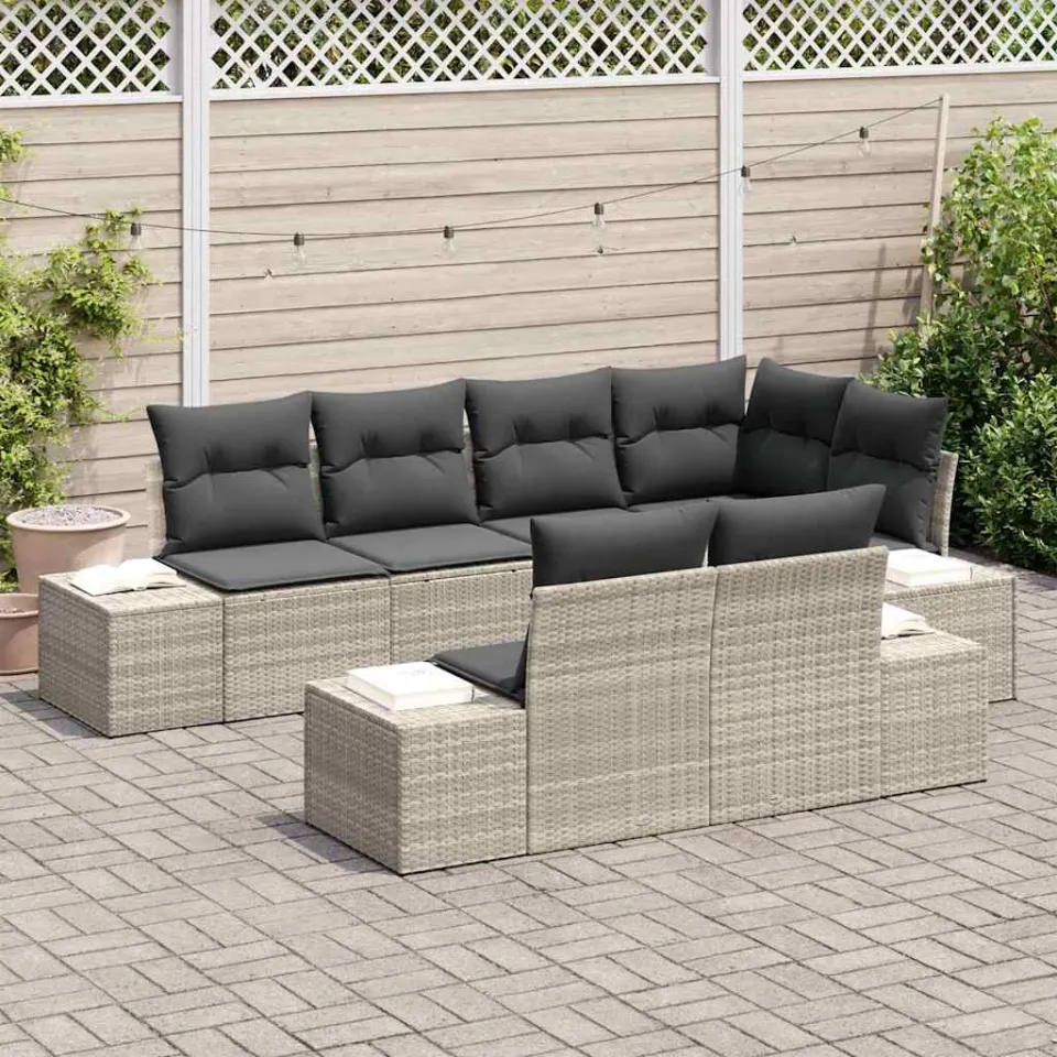 vidaXL Tuinbankenset 7 st Lichtgrijs poly rattan, foto 3