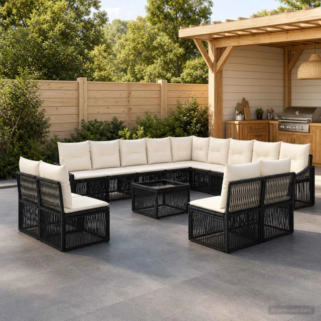 vidaXL Tuinbankenset 14 st 13-zits Zwart poly rattan, foto 2