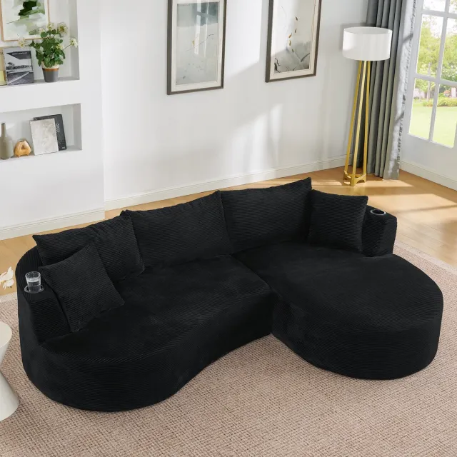 DESMIU Hoekbank 3-Zits - Gebogen Design Met Rechter Chaise Longue, Bekerhouders En Kussens - Voor Woonkamer, Hotel, Appartement En Kantoor - Kordstof - Zwart