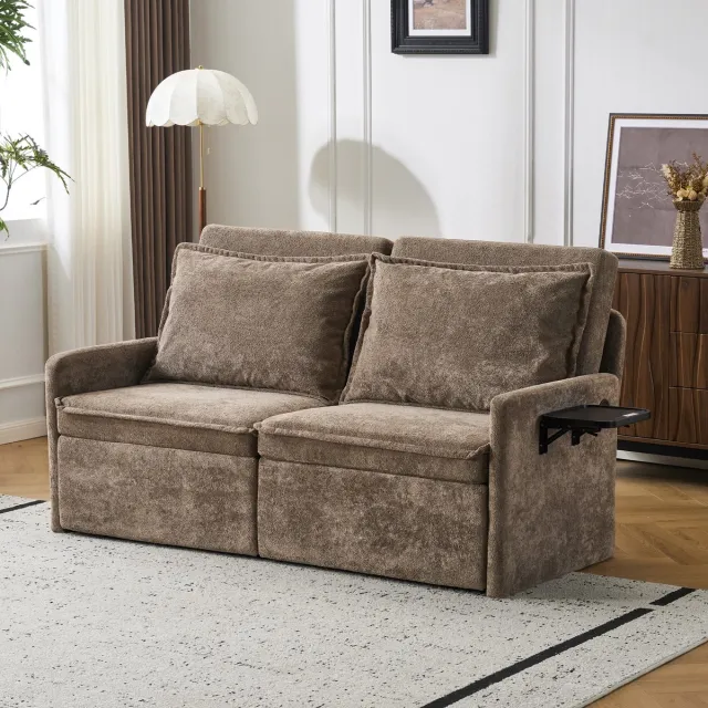 DESMIU Slaapbank 2-Zits 172,5 Cm Verstelbare Rugleuning Met Slaapfunctie Opbergruimte USB En Type C Voor Woonkamer Chenille Bruin Brown