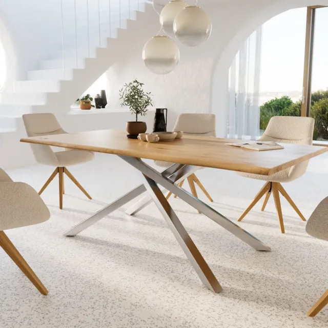 DELIFE Eetkamertafel Edge eiken natuur 200x100x2,5-3 kruisframe rechthoek roestvrij staal Live-Edge Bruin