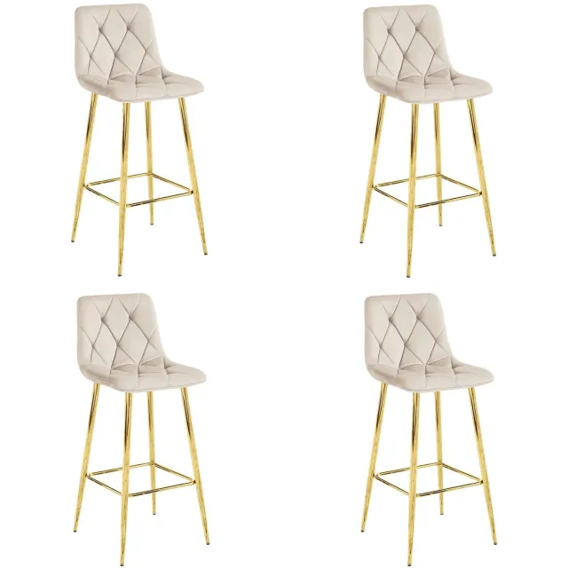 LEOBERT Set van 4 Barkrukken NADO – Beige Velvet / Fluweel – Gestoffeerde Barstoelen met Rugleuning en Voetsteun – Goudkleurige Metalen Poten – Modern Design – Voor Keukeneiland, Keuken, Bartafel en Thuisbar