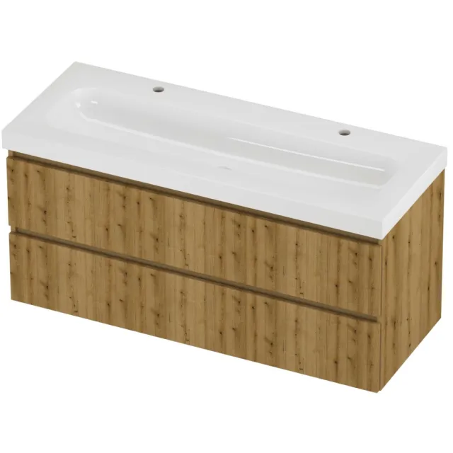 Proline Haga Badmeubelset Polystone Mezza 2 Kraangaten 120x46x58 cm Glans Wit Urban Oak Eiken