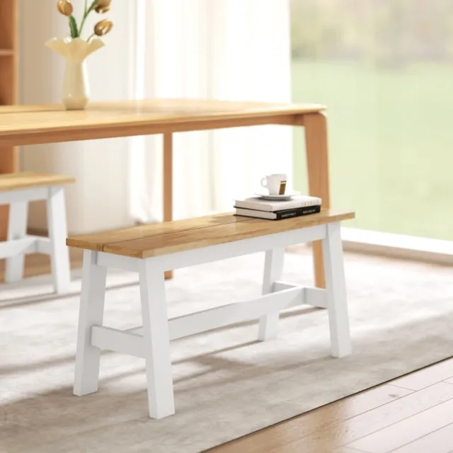 REDOM Eetbank - 2-zits - Versterkte dwarsstang - Zonder rugleuning - Scandinavische stijl - Eetkamer en hal - Hout - Eikenkleur en Wit - 95 x 30 x 45 cm