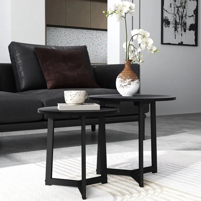 Merax Set Van 2 Ronde Bijzettafels - Salontafels Zwart Staal En MDF - Stapelbaar Modern Design - Woonkamer Koffietafels