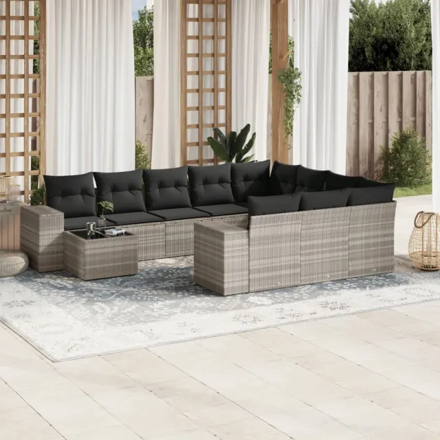 vidaXL 11-delige Loungeset met kussens poly rattan lichtgrijs grijs, foto 2