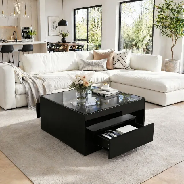 Maisentiel Salontafel 70 x 70 x 35 cm met 2 lades, LED en gehard glas, zwart MDF