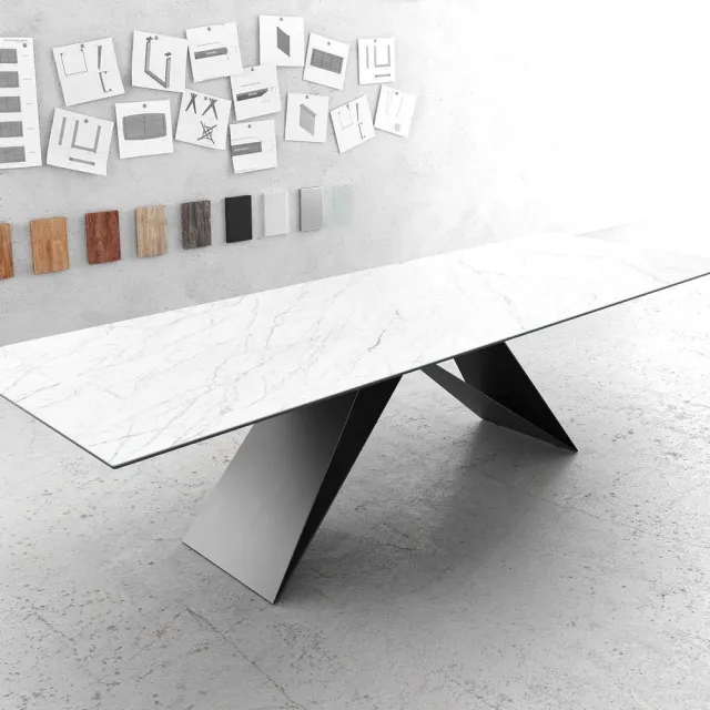 DELIFE Eettafel Edge Laminam® keramiek wit 300x100cm V-middenvoet zwart
