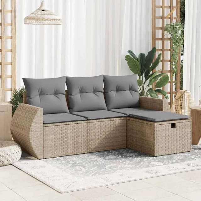 vidaXL 4-delige Loungeset met kussens poly rattan beige, foto 2