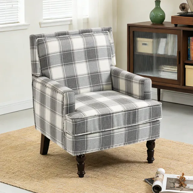 COVREO Fauteuil 64x69x89 cm wit-grijs, stof met armleuningen en houten poten Wit en grijs