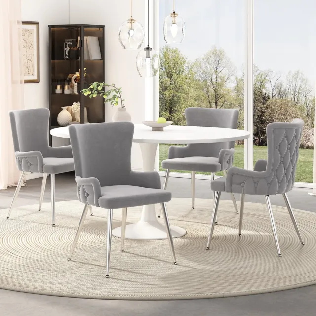 REDOM Eetkamerstoel - Set van 4 - Modern - Voor Eetkamer of Woonkamer - Fluweel en Metaal - Grijs en Zilver Grijs + Zilver