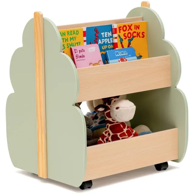 KOMFOTTEU Kinderboekenkast met wielen - houten staandrek - groene haken en boomvormig uiterlijk - 2-traps speelgoedrek voor speelkamer - kinderkamer en kleuterschool