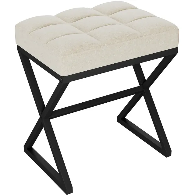 Famanu Vanity kruk met linnen voetensteun, vierkante ottomaanse bank met X-vormige metalen poten, 40 x 30 x 46 cm, beige