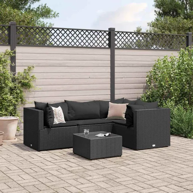 vidaXL 5-delige Loungeset met kussens poly rattan zwart, foto 2