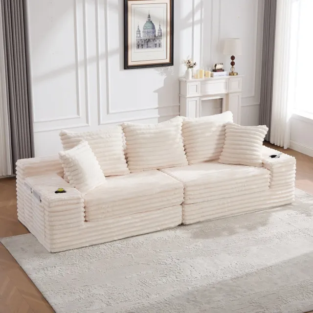 OKWISH Hoekbank 273 X 98 X 87 Cm - Vrij Te Combineren Slaapbank Met Hoge Rugleuning En Bekerhouders - Cord - Beige