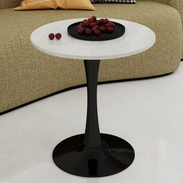COVREO Salontafel 70x70x72 cm – rond wit marmerlook fineer blad, zwart onderstel