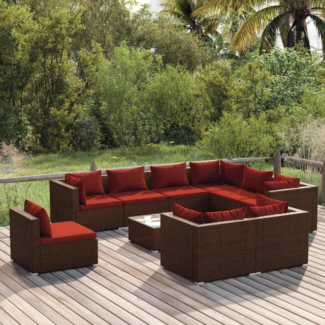 vidaXL 10-delige Loungeset met kussens poly rattan bruin, foto 2