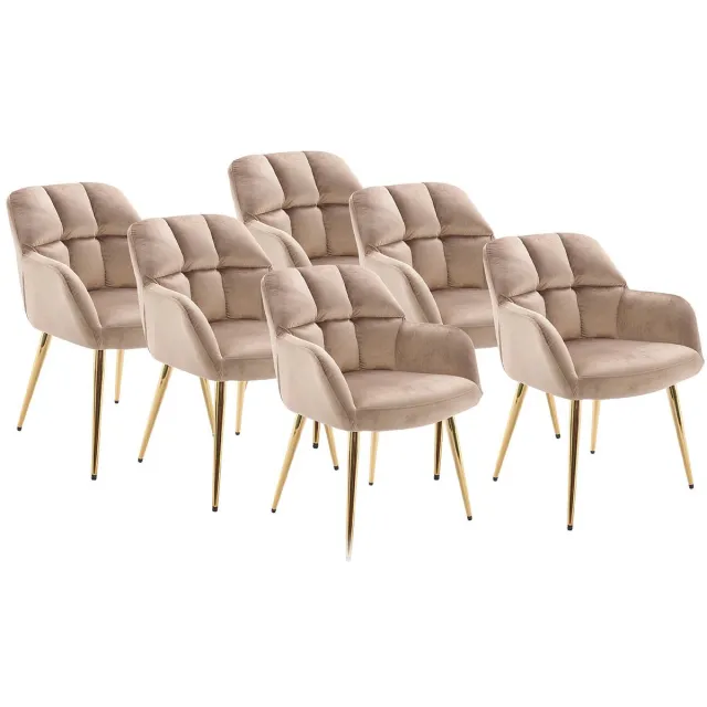 Vente-unique Set van 6 stoelen met armleuningen - Fluweel en goudkleurig metaal - Beige - PEGA