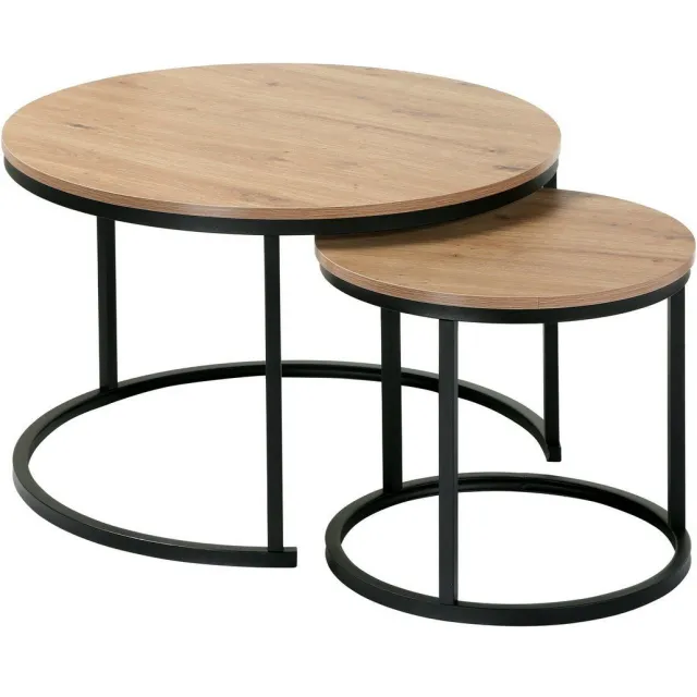 CaliCosy Set van 2 nestende ronde salontafels - L70 cm & 45 cm Eiklook