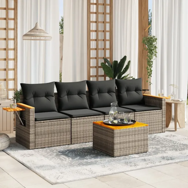 vidaXL 5-delige Loungeset met kussens poly rattan grijs, foto 2