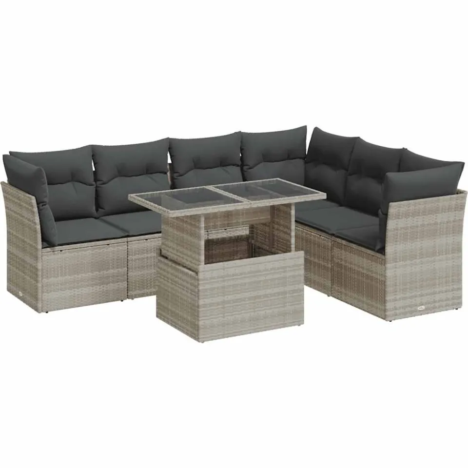 vidaXL 7-delige Loungeset met kussens poly rattan lichtgrijs grijs, foto 3