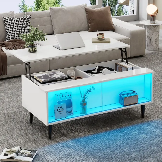 MIVRAY Salontafel - Verstelbaar Met Led En Opbergruimte - Voor Woonkamer - Spaanplaat En Glas - 105x50x43 Cm - Wit