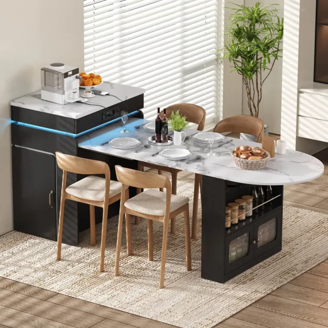 DESMIU Eettafel - Uitschuifbare Keukenisland Met Lades En Ledverlichting - Voor Keuken En Eetkamer - MDF En Glas - 55-194x80x95,5 Cm - Zwart