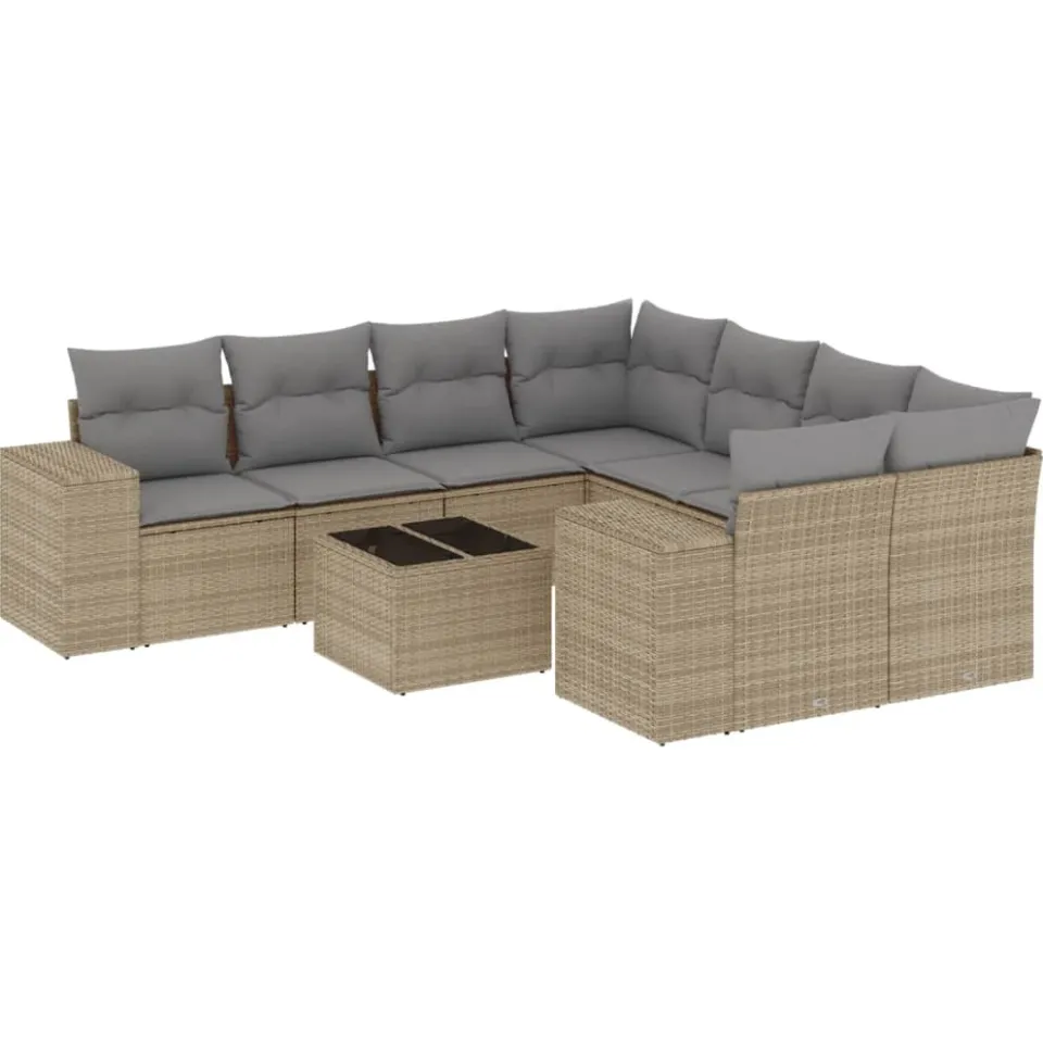 vidaXL 9-delige Loungeset met kussens poly rattan beige